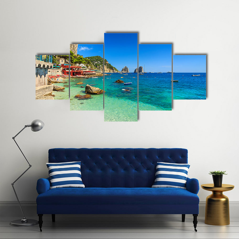 Scene Of The Faraglioni Cliffs And A Beach And Sunrise, Multi Panel Canvas Wall Art
