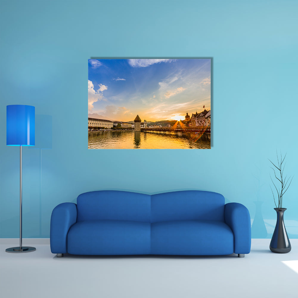 Sunset over the river Reuss in Lucerne, Switzerland Multi Panel Canvas Wall Art