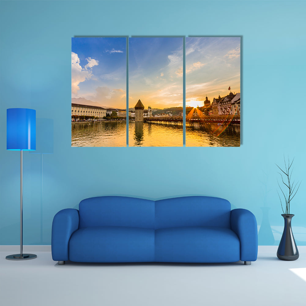 Sunset over the river Reuss in Lucerne, Switzerland Multi Panel Canvas Wall Art