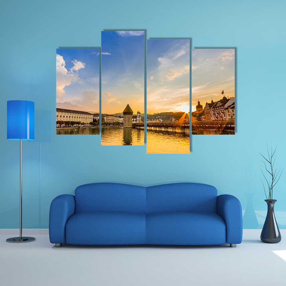 Sunset over the river Reuss in Lucerne, Switzerland Multi Panel Canvas Wall Art