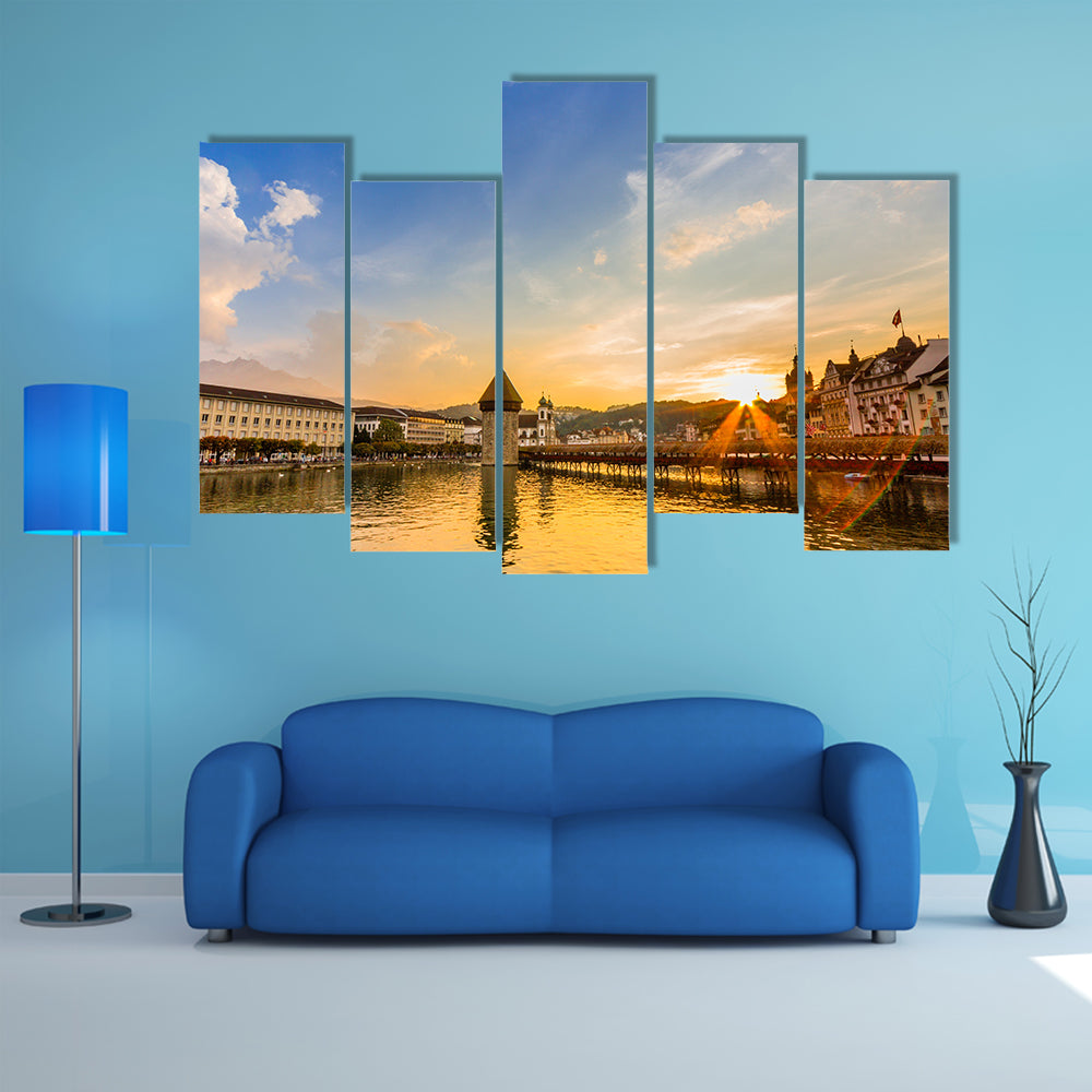 Sunset over the river Reuss in Lucerne, Switzerland Multi Panel Canvas Wall Art