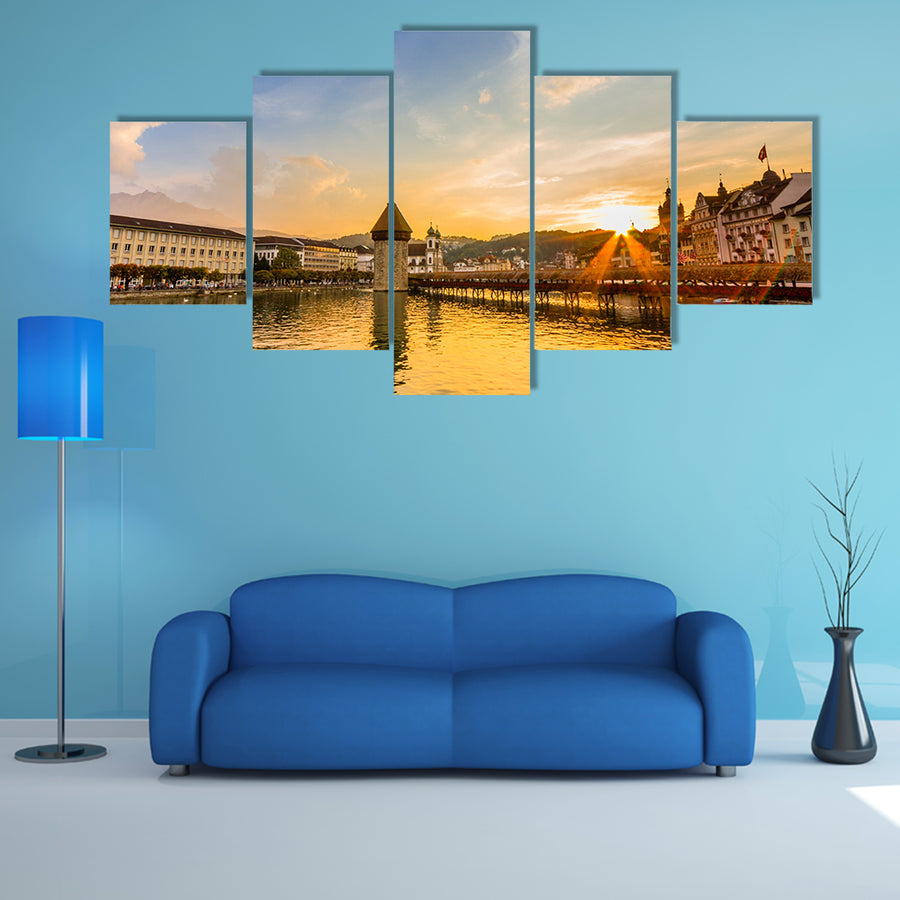 Sunset over the river Reuss in Lucerne, Switzerland Multi Panel Canvas Wall Art