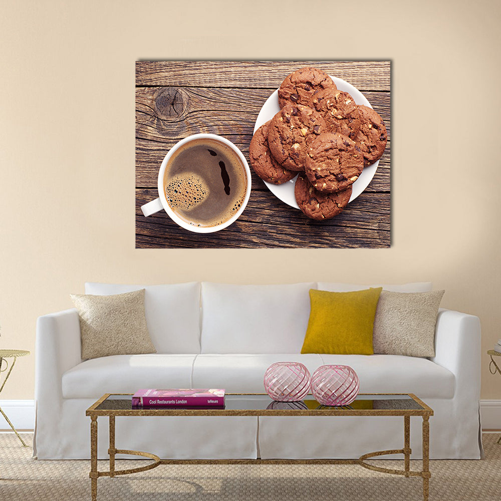 Plate with chocolate cookies and cup of hot coffee Multi Panel Canvas Wall Art