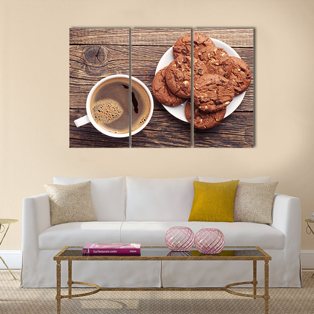 Plate with chocolate cookies and cup of hot coffee Multi Panel Canvas Wall Art