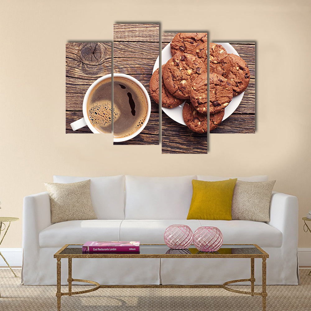 Plate with chocolate cookies and cup of hot coffee Multi Panel Canvas Wall Art