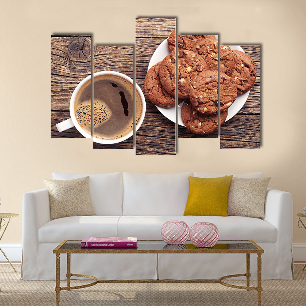 Plate with chocolate cookies and cup of hot coffee Multi Panel Canvas Wall Art