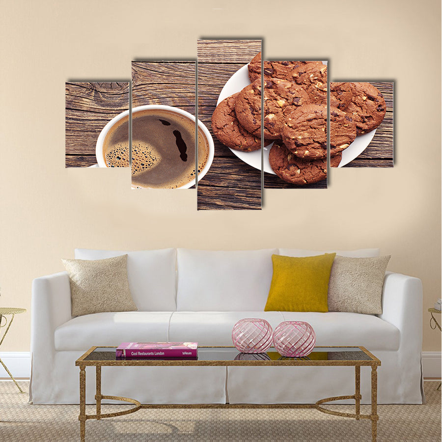 Plate with chocolate cookies and cup of hot coffee Multi Panel Canvas Wall Art