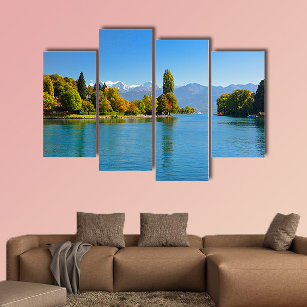 Lake Thun with Jungfrau Mountain in autumn on clear blue sky, Switzerland, Shot using CPL filter Multi panel canvas wall art