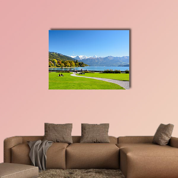 Lake Thun with Jungfrau Mountain in autumn on clear blue sky, wall art