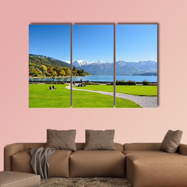 Lake Thun with Jungfrau Mountain in autumn on clear blue sky, wall art