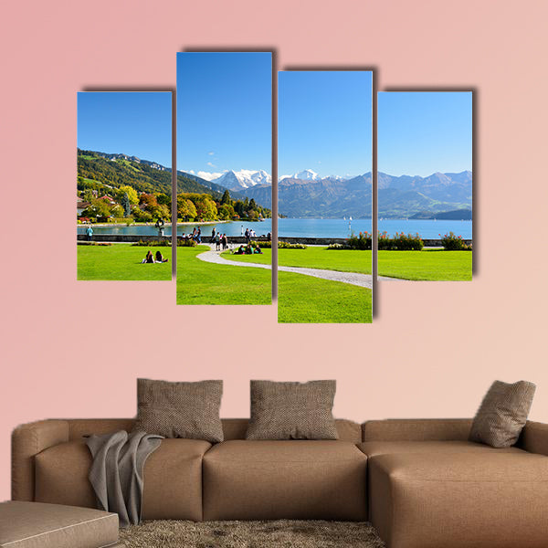 Lake Thun with Jungfrau Mountain in autumn on clear blue sky, wall art