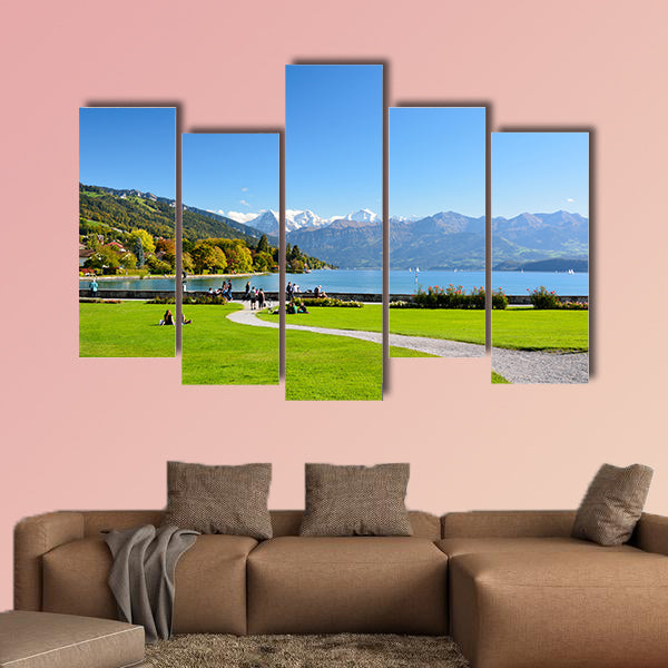 Lake Thun with Jungfrau Mountain in autumn on clear blue sky, wall art