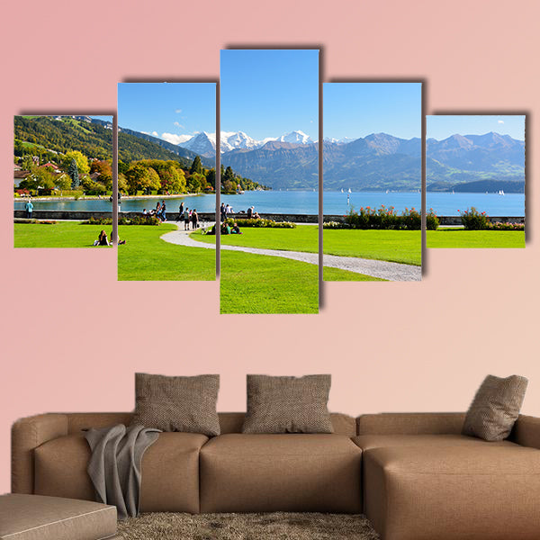 Lake Thun with Jungfrau Mountain in autumn on clear blue sky, wall art
