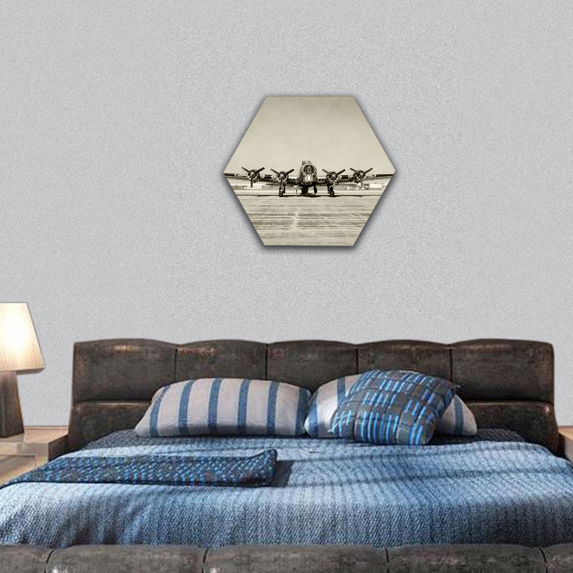 World War II era bomber front view stained hexagonal canvas wall art