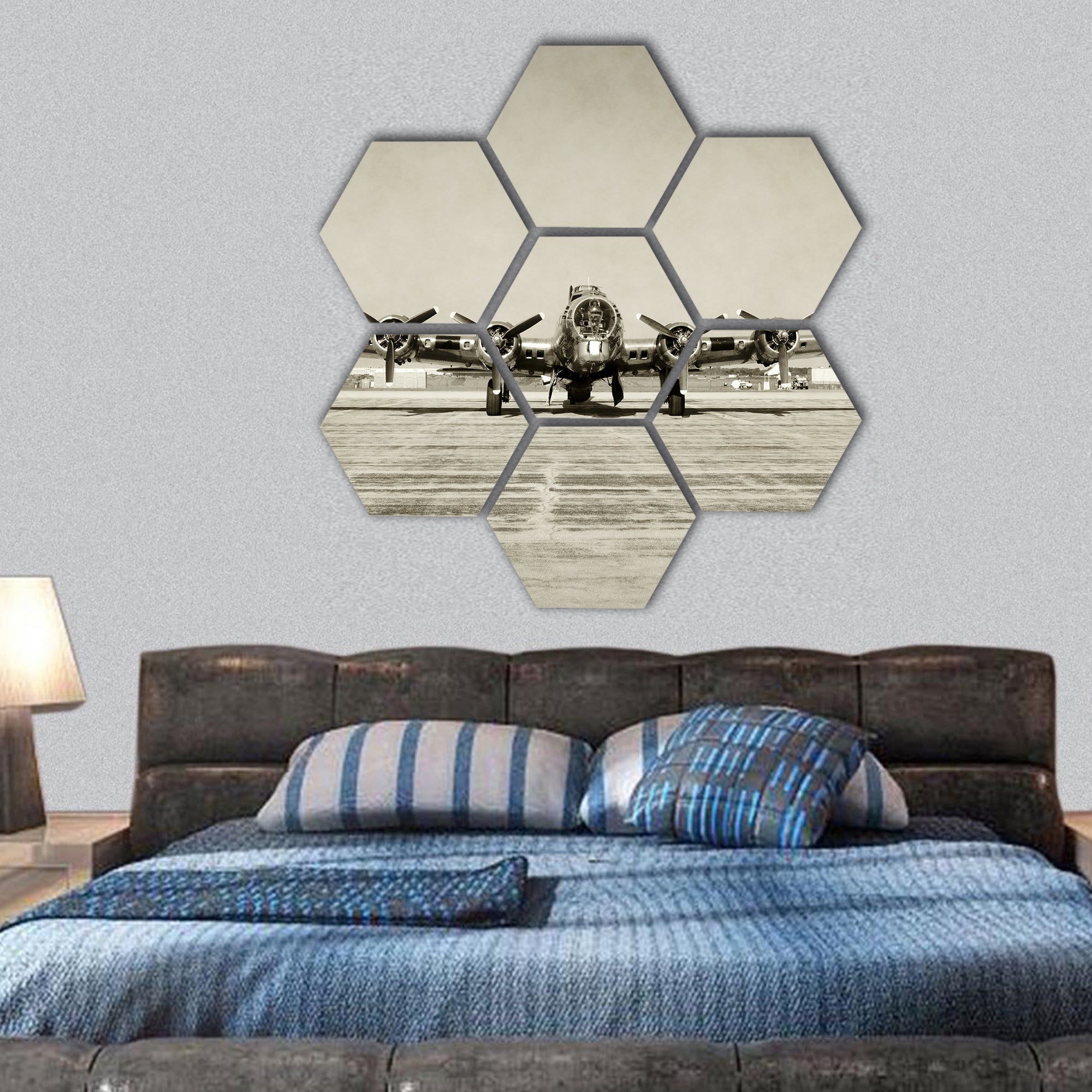 World War II era bomber front view stained hexagonal canvas wall art