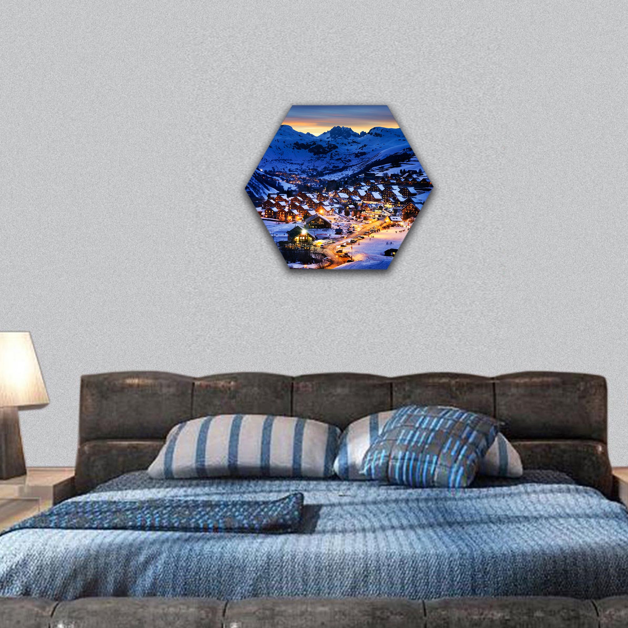 landscape and ski resort in French Alps, France hexagonal canvas wall art