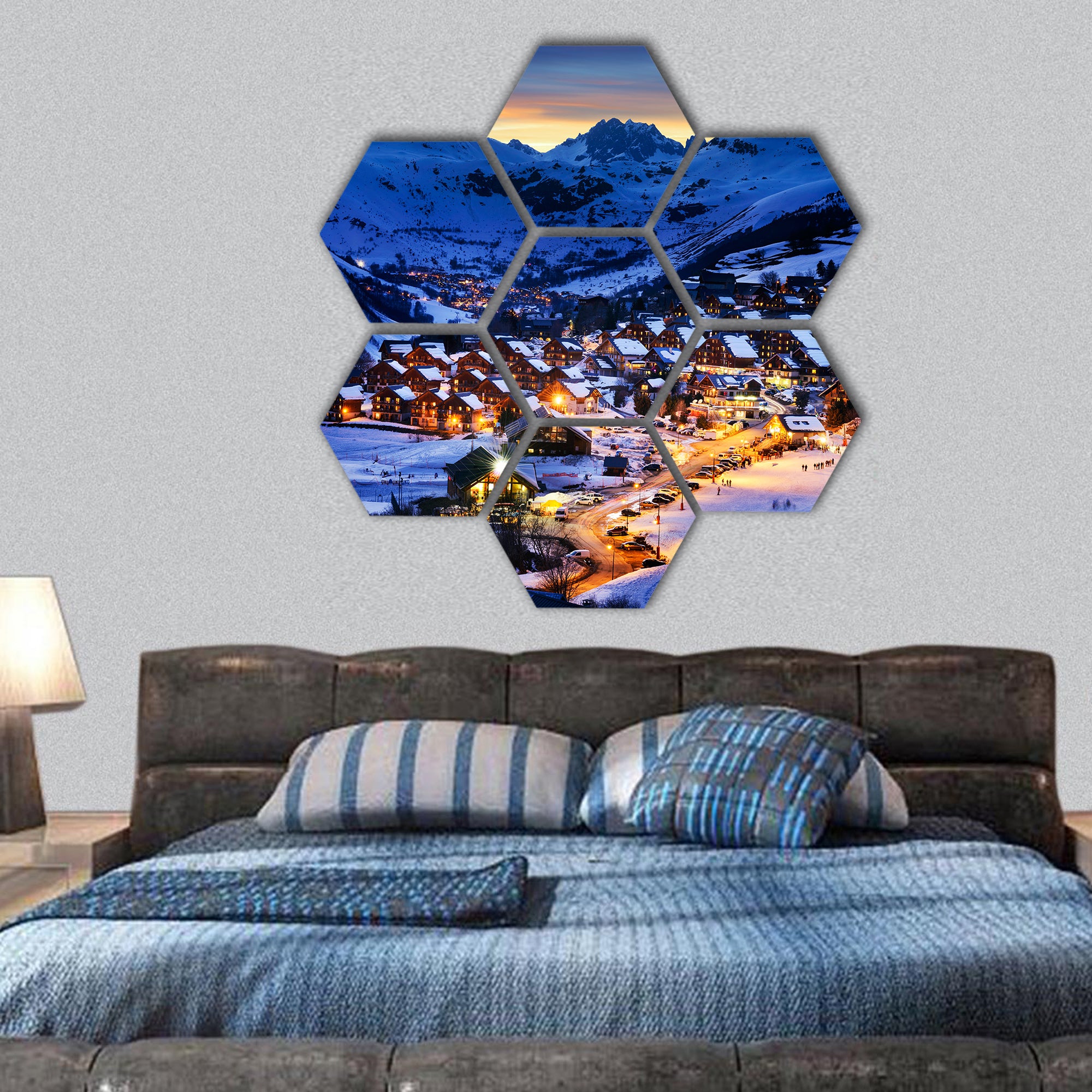 landscape and ski resort in French Alps, France hexagonal canvas wall art