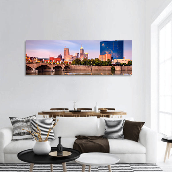 Indianapolis skyline and the White River at sunset panoramic canvas wall art