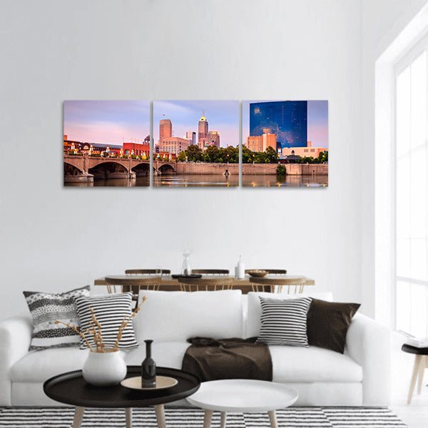 Indianapolis skyline and the White River at sunset panoramic canvas wall art