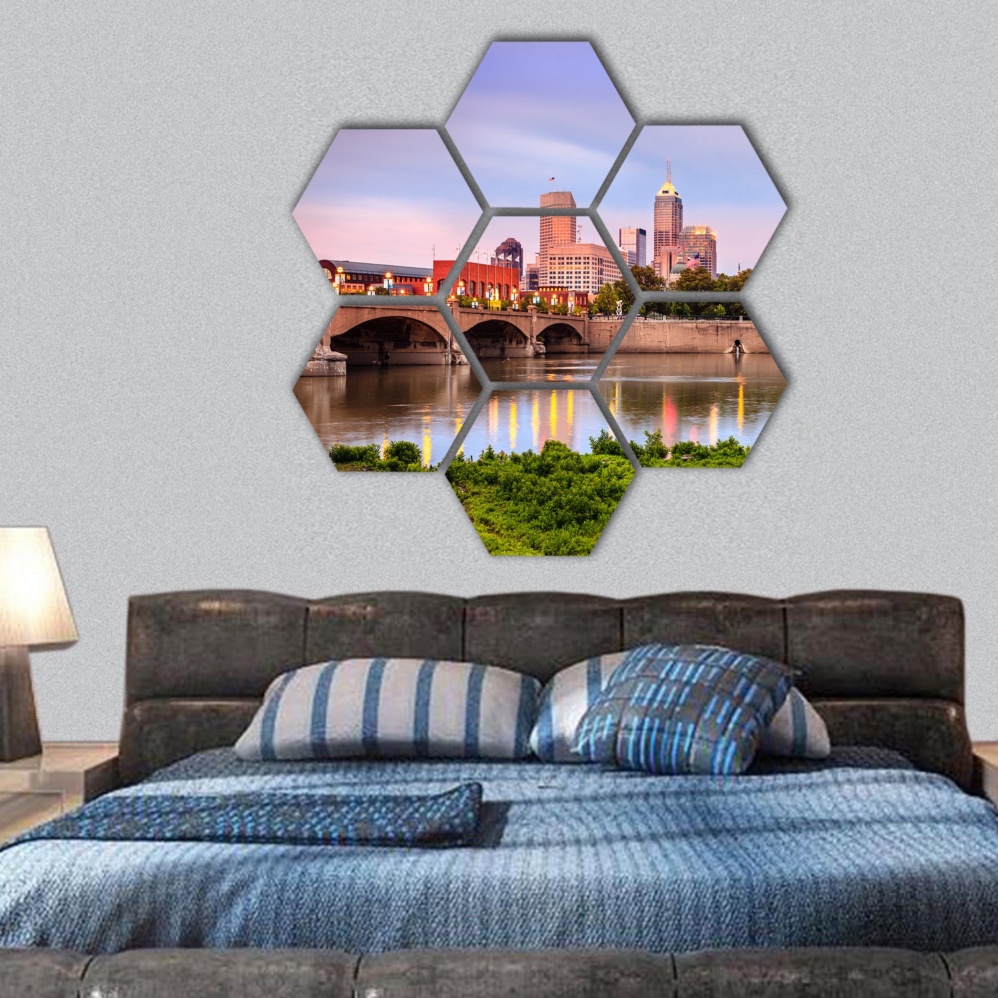 Indianapolis skyline and the White River at sunset hexagonal canvas wall art