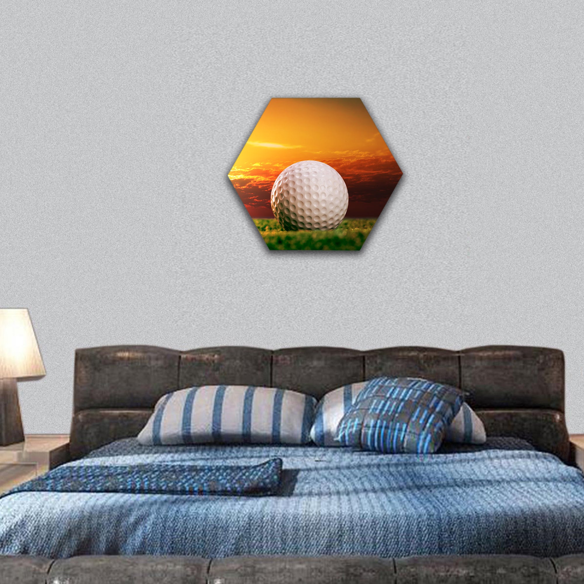 Golf ball on the lawn in sunset lights hexagonal canvas wall art