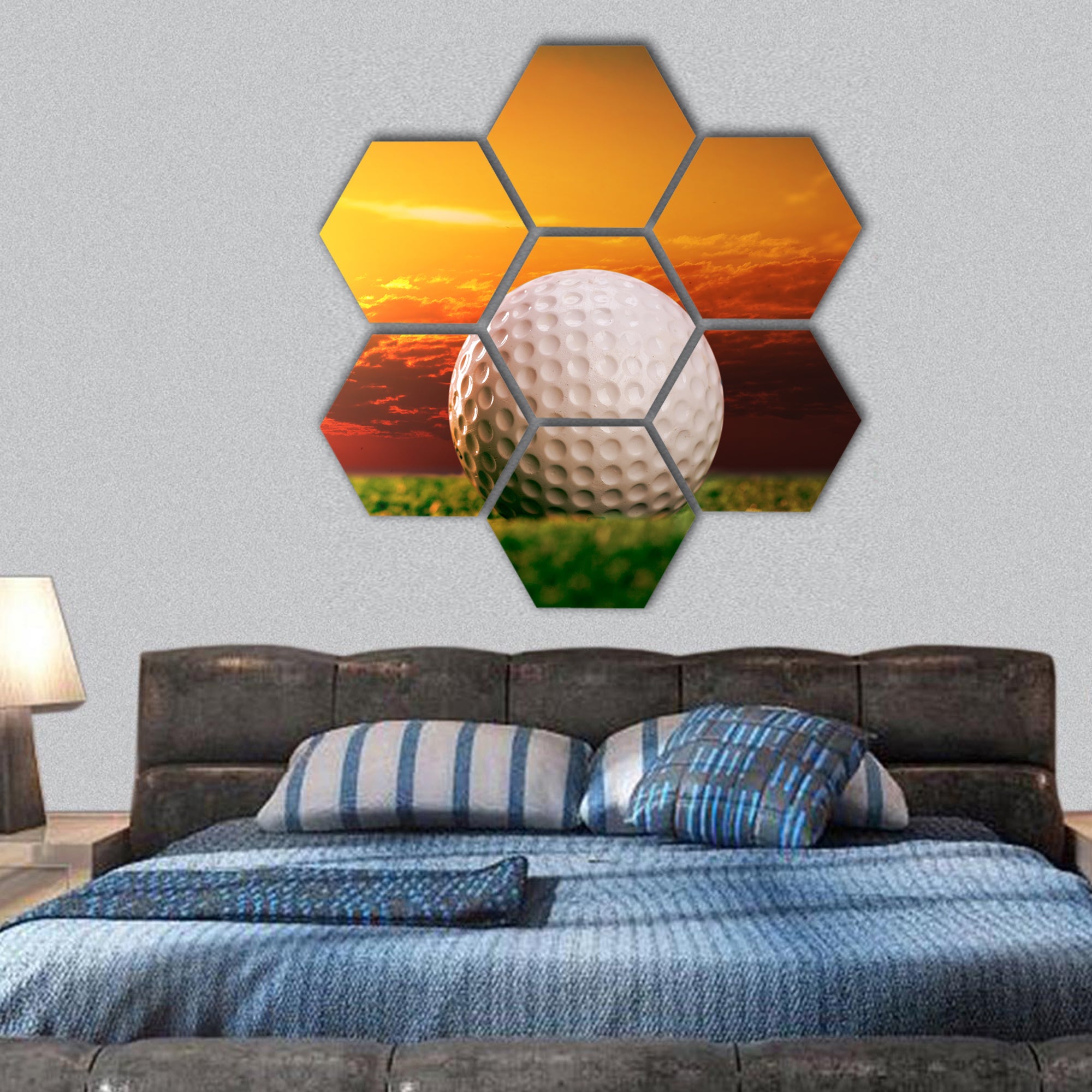 Golf ball on the lawn in sunset lights hexagonal canvas wall art