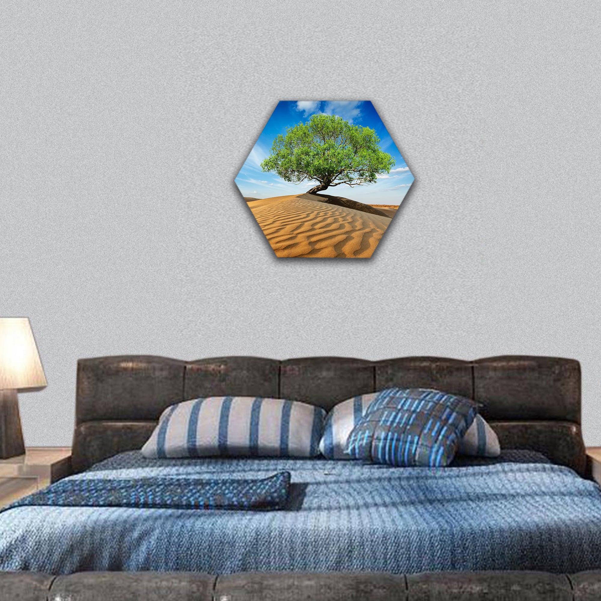 Lonely green tree in desert dunes hexagonal canvas wall art