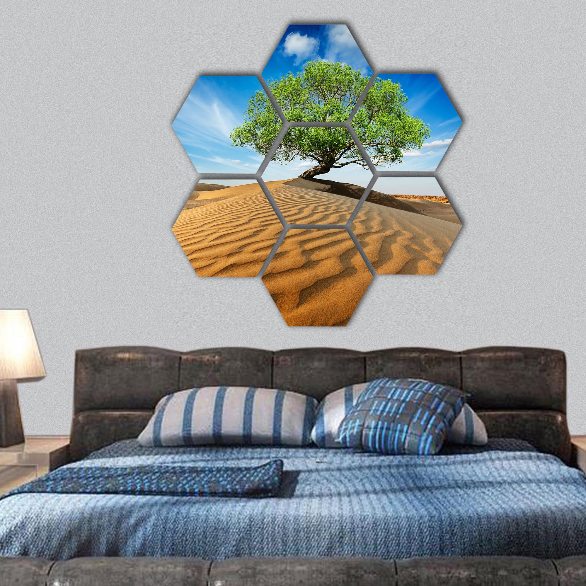 Lonely green tree in desert dunes hexagonal canvas wall art