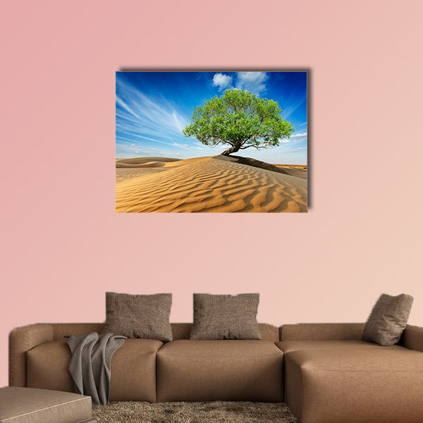 Lonely green tree in desert dunes multi panel canvas wall art