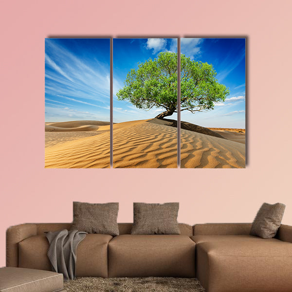 Lonely green tree in desert dunes multi panel canvas wall art
