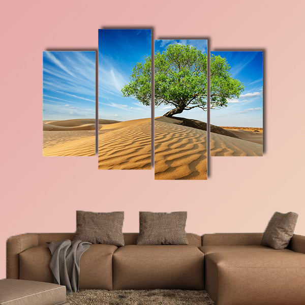 Lonely green tree in desert dunes multi panel canvas wall art
