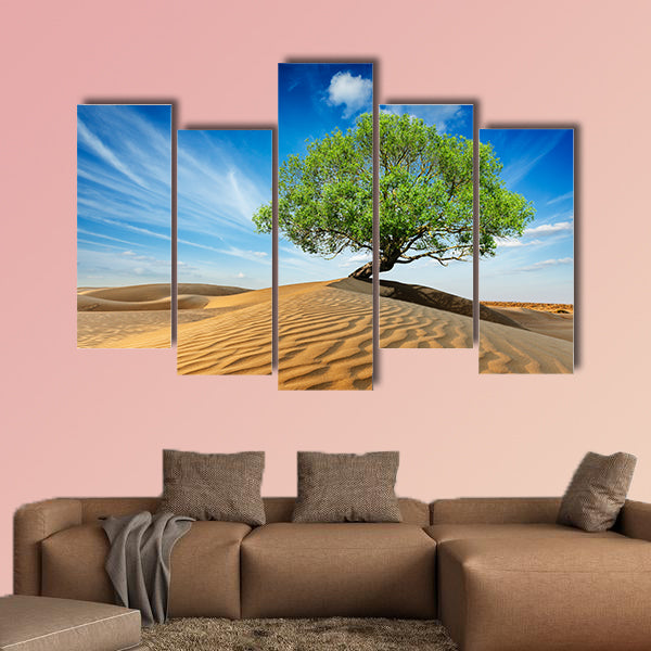 Lonely green tree in desert dunes multi panel canvas wall art