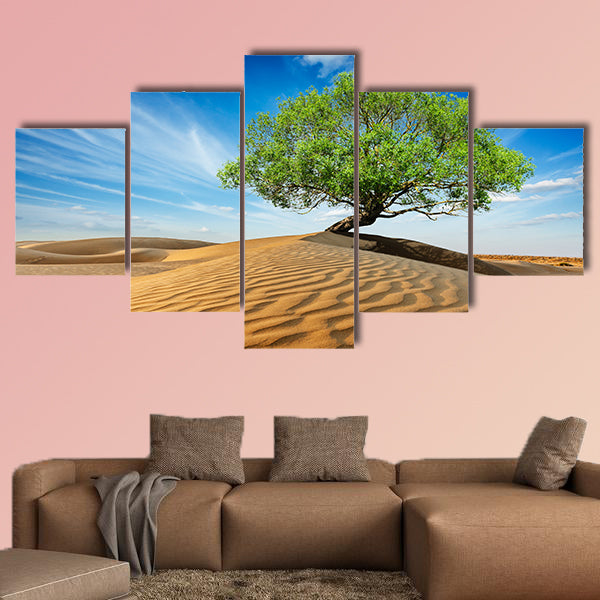 Lonely green tree in desert dunes multi panel canvas wall art