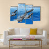 Graceful Jumping dolphins, blue sea and sky, white clouds Multi Panel Canvas Wall Art