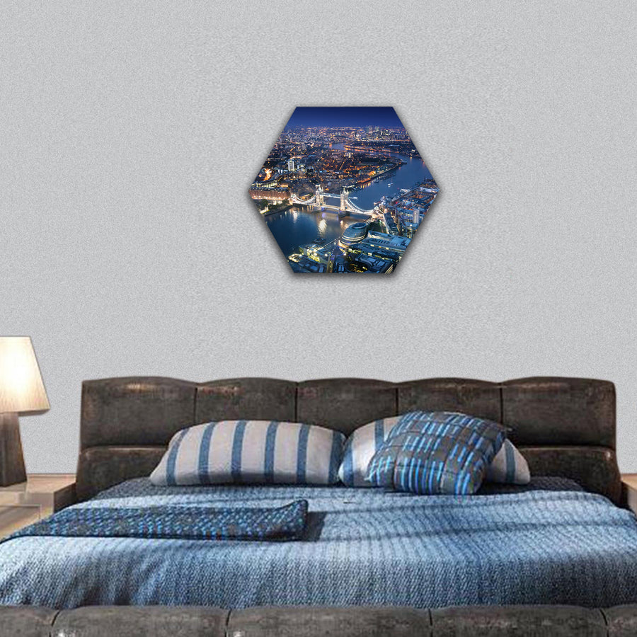 London at night with urban architectures and Tower Bridge hexagonal canvas wall art