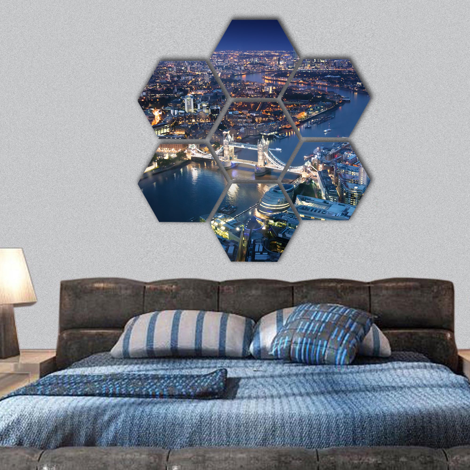 London at night with urban architectures and Tower Bridge hexagonal canvas wall art