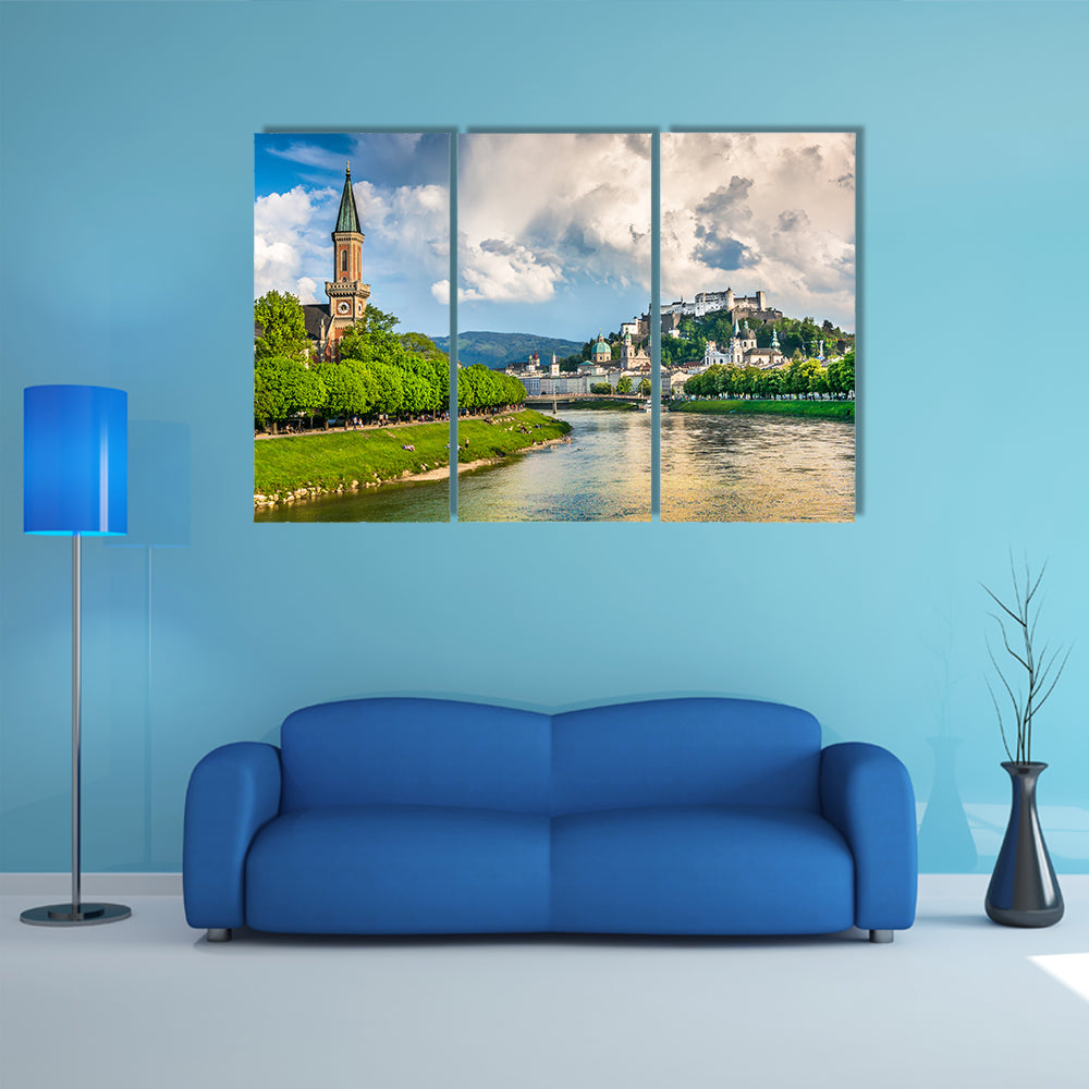 Salzburg cityscape with Festung Hohensalzburg and Salzach River in summer multi panel canvas wall art