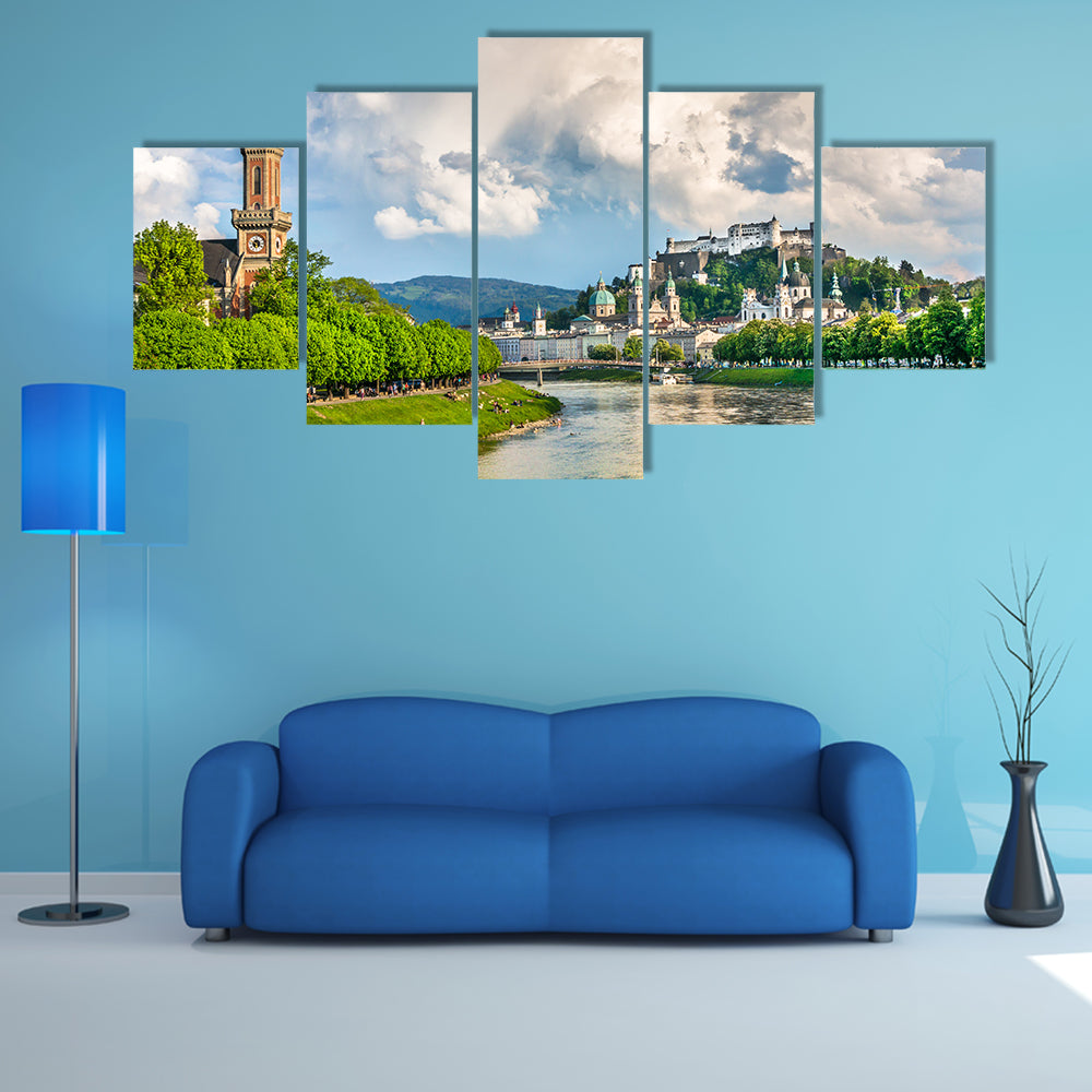 Salzburg cityscape with Festung Hohensalzburg and Salzach River in summer multi panel canvas wall art