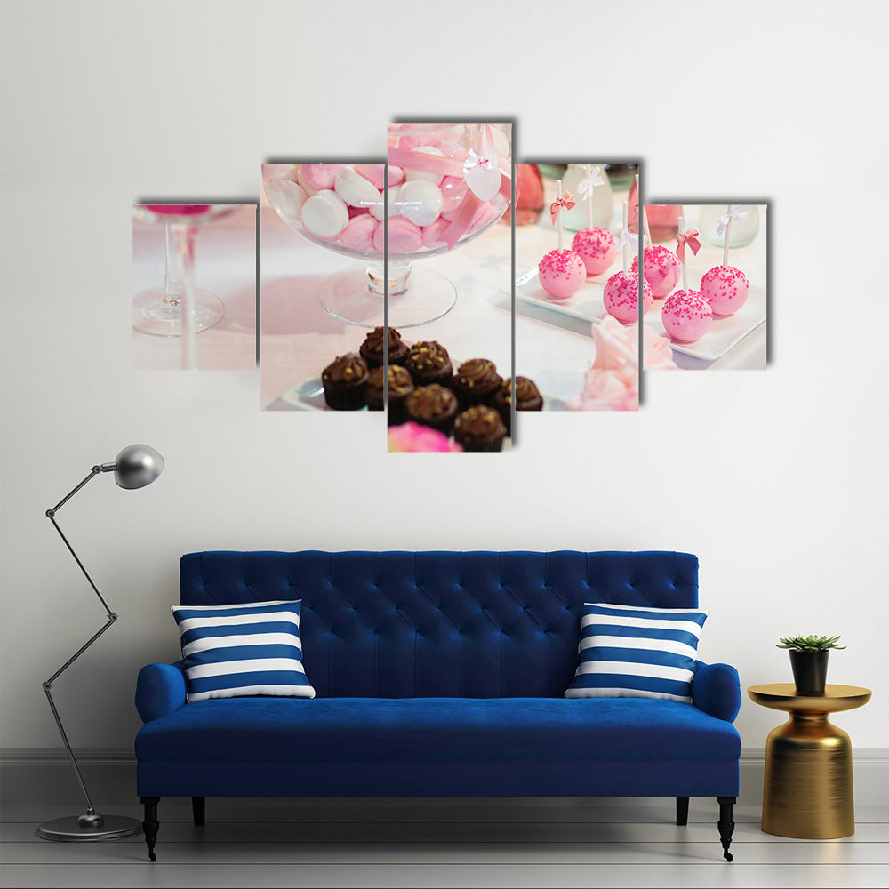 Pink cake pops on a dessert table at party or wedding celebration Multi panel canvas wall art