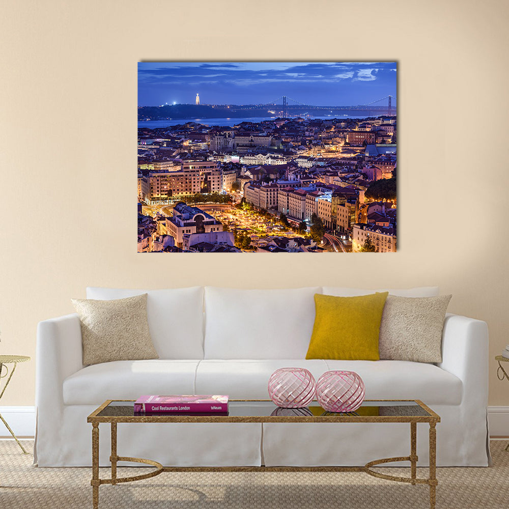 Lisbon, Portugal skyline at night Multi panel canvas wall art