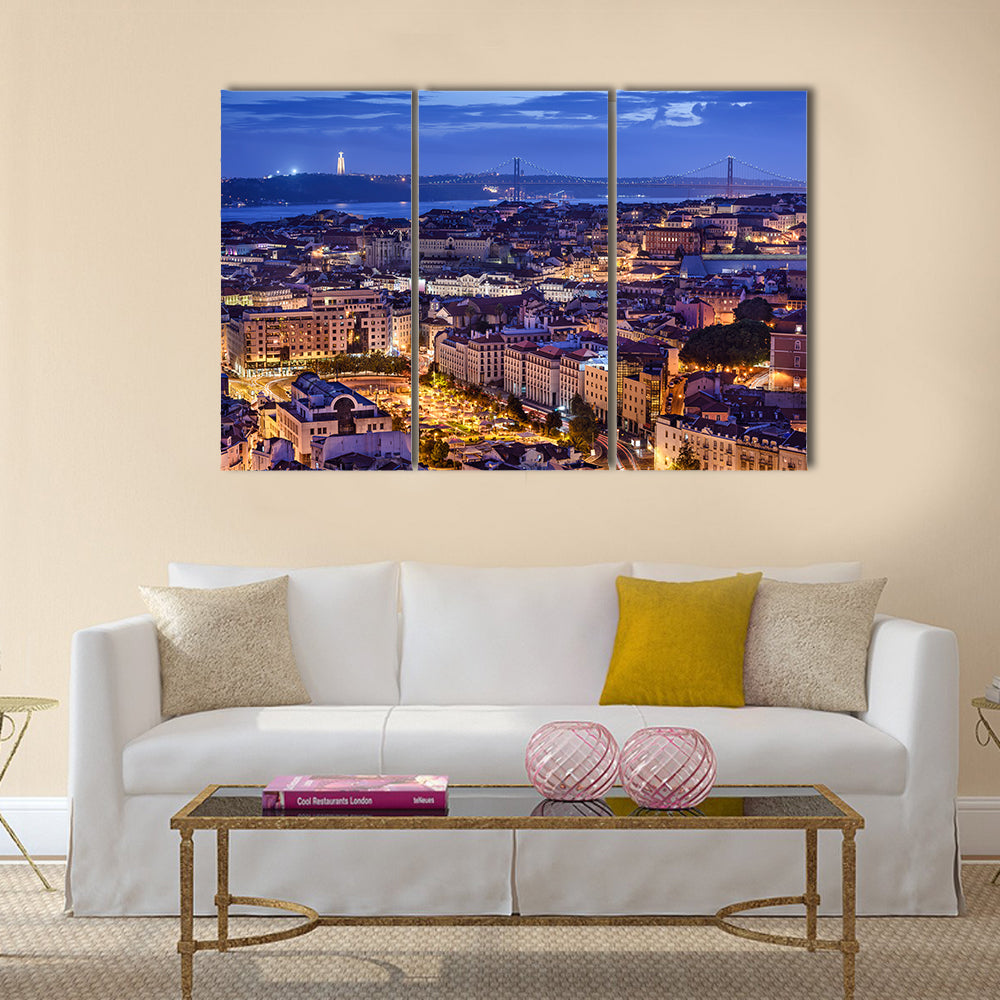 Lisbon, Portugal skyline at night Multi panel canvas wall art
