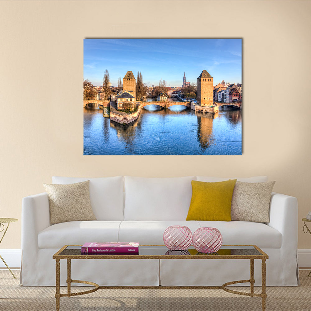 Winter panorama of the famous bridges Ponts Couverts in Strasbourg, France multi panel canvas wall art