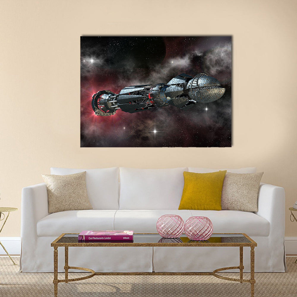 Spaceship in a galactic starfield for alien fantasy games or science fiction deep space travel Multi Panel canvas wall Art