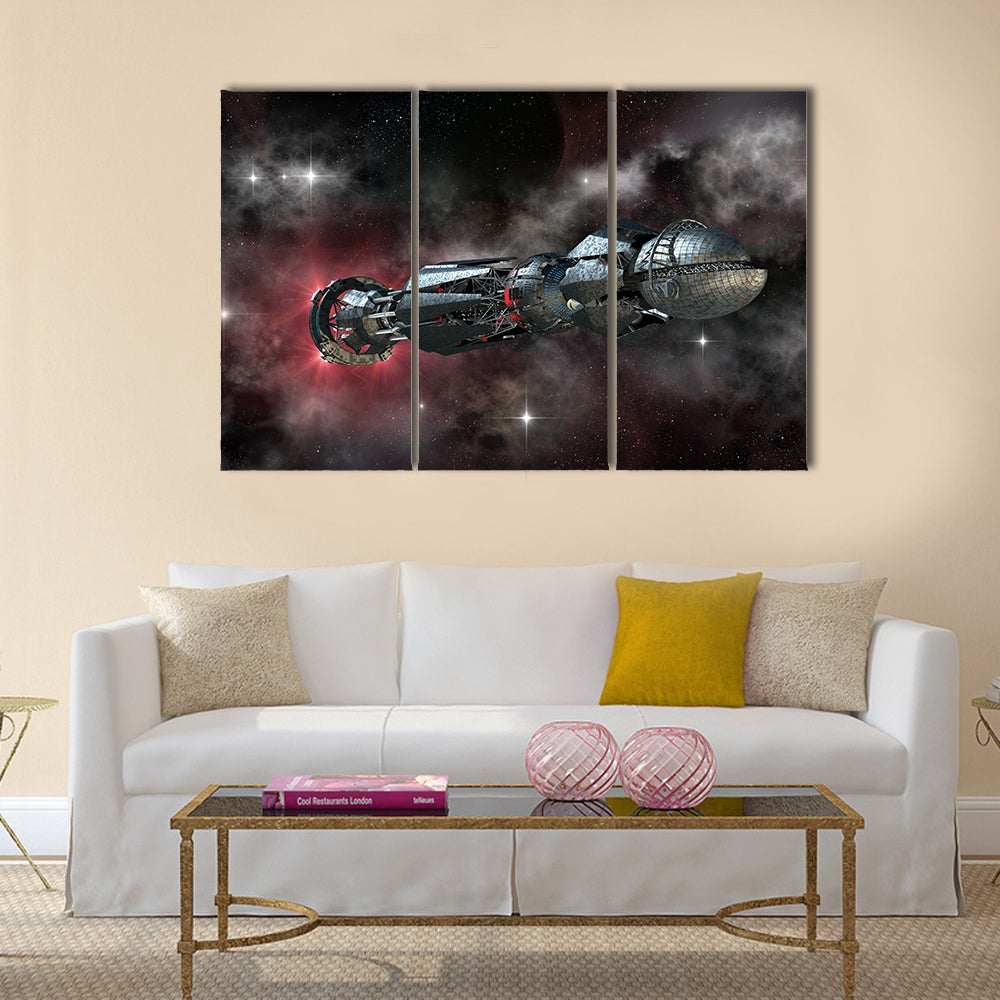 Spaceship in a galactic starfield for alien fantasy games or science fiction deep space travel Multi Panel canvas wall Art