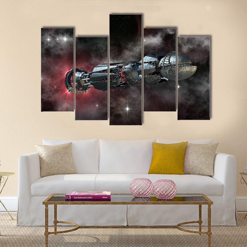 Spaceship in a galactic starfield for alien fantasy games or science fiction deep space travel Multi Panel canvas wall Art