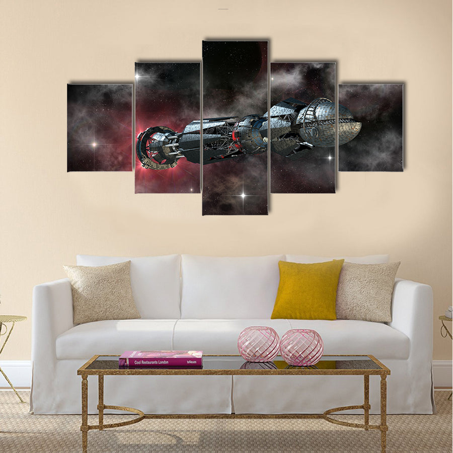 Spaceship in a galactic starfield for alien fantasy games or science fiction deep space travel Multi Panel canvas wall Art