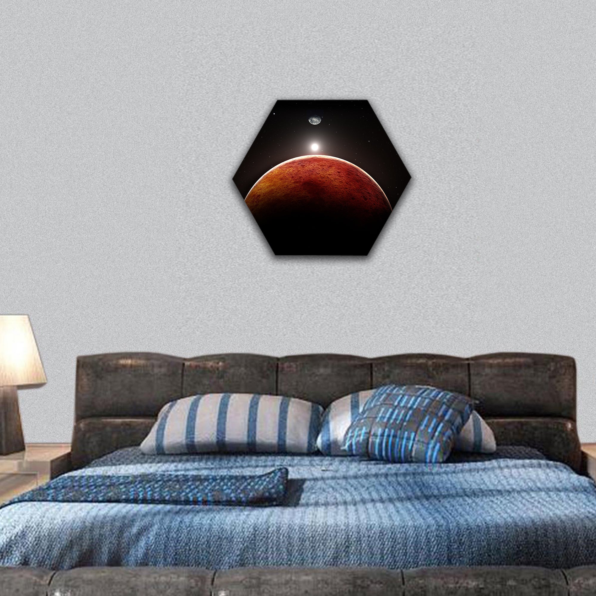 Planet Mars with moon hexagonal canvas wall art