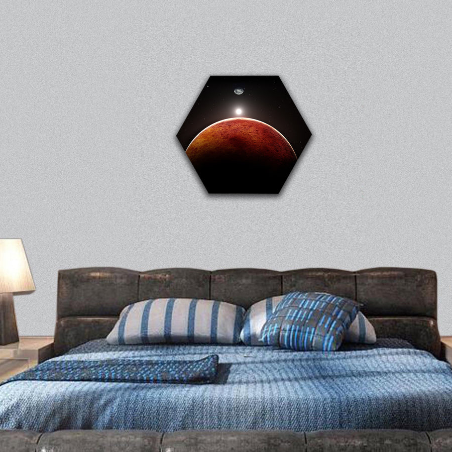 Planet Mars with moon hexagonal canvas wall art