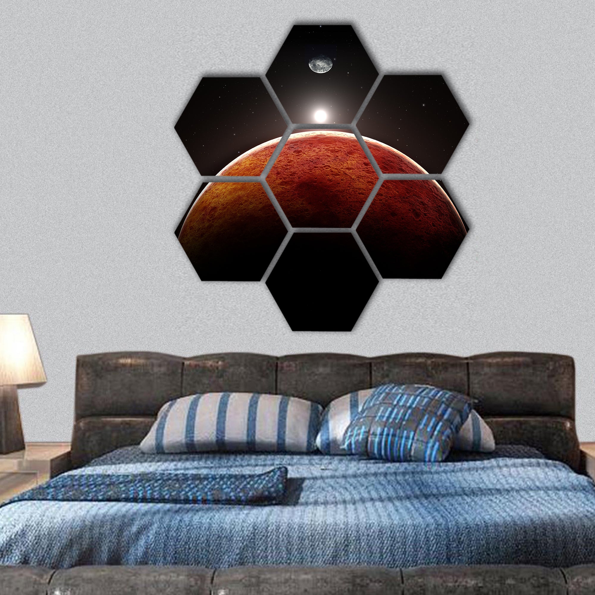 Planet Mars with moon hexagonal canvas wall art