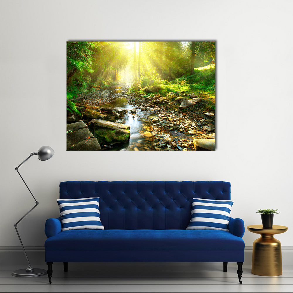 The Scenery Of The Tranquil River Beside The Mountain River In The Green Forest, Multi Panel Canvas Wall Art